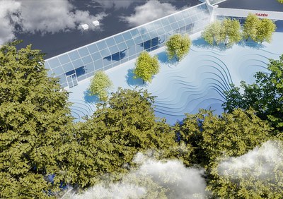 Vizualizace budoucí podoby prostoru před krytým bazénem: PROJEKTSTUDIO