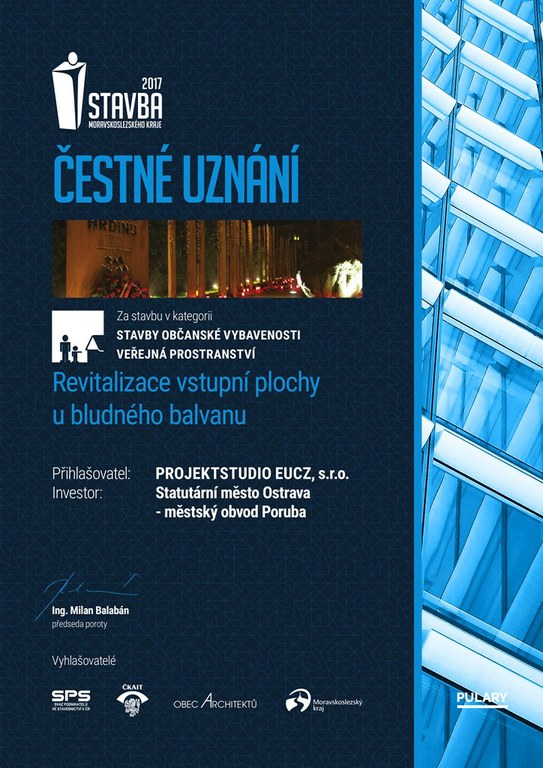 Čestné uznání pro památník na Vřesinské ulici
