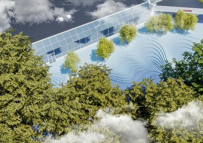 Prostor před krytým bazénem prochází úpravou