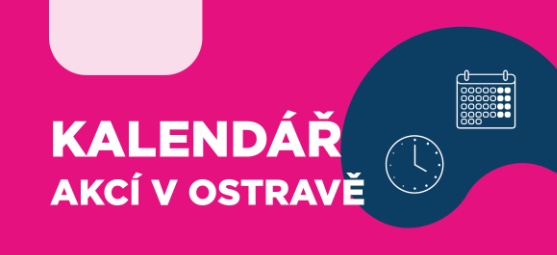 modrý obrázek s ikonami a textem Kalendář akci v Ostravě